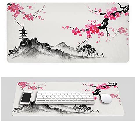 Watercolor Landscape Sakura Cherry Blossom Gaming Mouse Pad 31.5×11.8inch with Stitched Edges Extended Waterproof Desk Mousepad Non-Slip Rubber Base Large Computer Keyboard Mat for Work/Office/Home