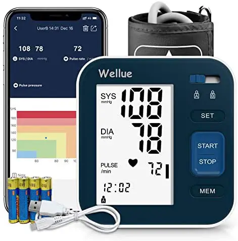 Wellue Bluetooth Blood Pressure Monitor – Digital Upper Arm Blood Pressure with Wide Range Cuff, Large Backlit LCD, Storesup to 240 Readings for Two Users, BP Monitor for iOS & Android Devices