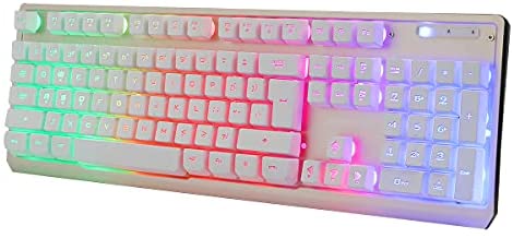 White Gaming Keyboard, Rainbow LED Backlit,19 Anti-ghosting Keys, USB Wired, Metal Panel, Ergonomic 104 Keys, Multimedia Control, Water-Resistant, Full Size, for Windows PC Mac Office Gamer