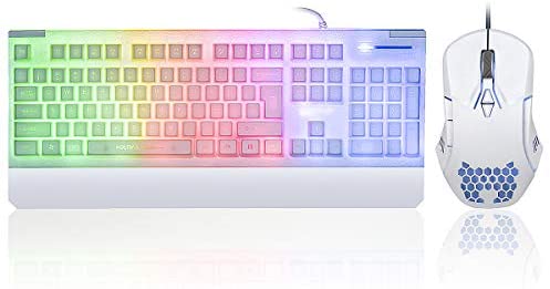 White Gaming Keyboard and Mouse Combo Colorful Lights Rainbow LED Backlit Keyboard with Ergonomic Detachable Wrist Rest, Programmable 3200 DPI 7 Button Gaming Mouse for Windows PC Mac Office/Gaming