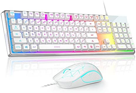 White Wired Gaming Keyboard and Mouse Combo, Rainbow Backlit Gaming Keyboard with Crystal Cover, LED Backlit Gaming Mouse 3200 DPI for PC Gamer Computer Desktop (White)