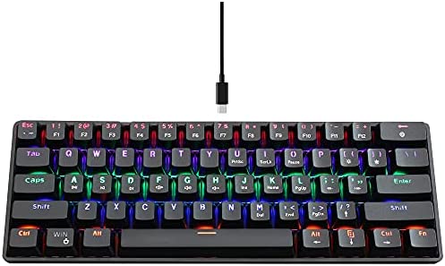 Wired 60% Mechanical Gaming Keyboard Mini Portable with Rainbow Backlit Full Anti-Ghosting 61 Key Ergonomic Double Foot Stand Type-C USB Waterproof for Typist Laptop PC Mac Gamer (Blue Switch)，Black