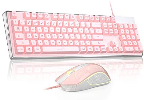 Wired Gaming Keyboard and Mouse Combo, LED Backlit Gaming Keyboard with Crystal Cover, 7 Colors LED Backlit Gaming Mouse 3200 DPI for PC Gamer Computer Desktop (Pink)
