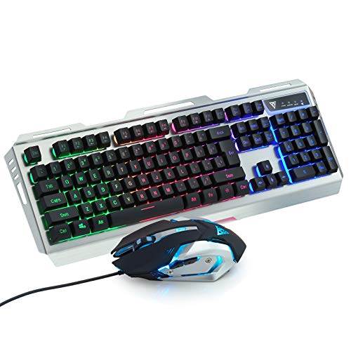 Wired Gaming Keyboard and Mouse Combo with RGB Backlit ,Metal Plate, Quick Response, Compatible System Keyboard Mouse 3200 DPI for Windows PC Gamers（104 Keys, Silver）