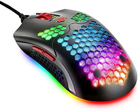 Wired Lightweight Gaming Mouse,PAW3325 12000DPI Mice11 RGB Backlit Mice with 7 Buttons Programmable Driver,Ultralight Honeycomb Shell Ultraweave Cable Mouse for PC Gamers (Black red)