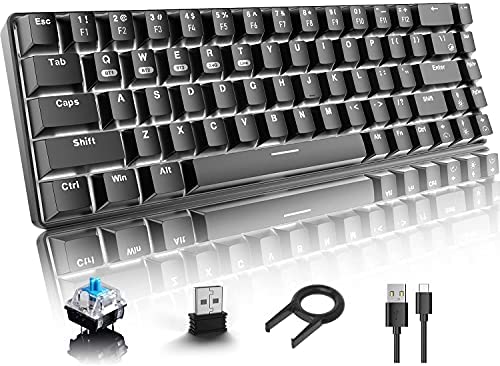 Wireless 60% Mechanical Gaming Keyboard, Bluetooth 5.0/2.4GHz USB/Wired Type C 3 Mode Connect, 68 Keys Blue Switch Compact Keyboard, 16 White Backlit Effect, 3000 mAh Rechargeable Keyboard