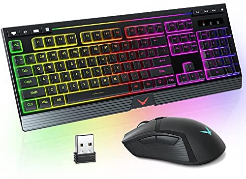 Wireless Backlit Keyboard and Mouse Combo, TopMate 2.4G Rechargeable LED Rainbow Light Up Wireless Gaming Keyboard and Mouse Set, 2400DPI Mouse and Keyboard with Wrist Rest, for PC/Laptop/Windows/Mac