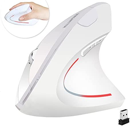 Wireless Ergonomic Mouse 2.4G Vertical Optical Computer Mouse with USB Receiver, 800 / 1200 /1600 DPI, 5 Buttons for Computers and Laptop, Desktop, PC, MacBook – White