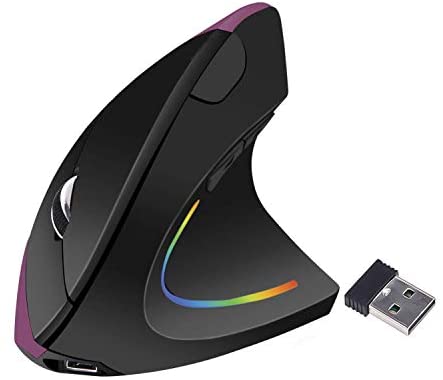 Wireless Ergonomic Mouse,Funwaretech 【Rechargeable】 2.4G Vertical Optical Mice,800/1200 /1600 DPI with 6 Buttons for Laptop,Desktop,PC, MacBook（Purple）