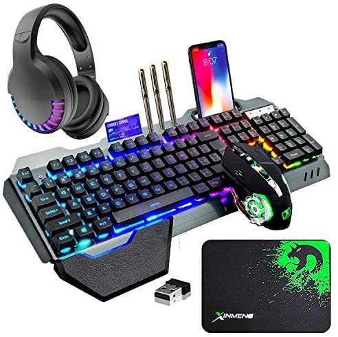 Wireless Gaming Keyboard Mouse Bluetooth Headset Kit with 16 RGB Backlit Rechargeable Battery Metal Mechanical Ergonomic Waterproof Dustproof Removable Palm Rest for Laptop PC Gamer(Rainbow RGB)