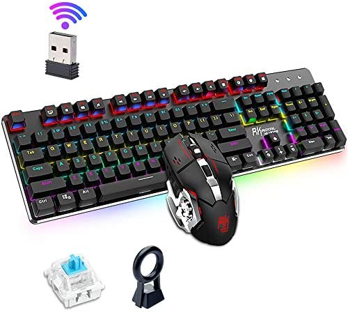 Wireless Gaming Keyboard Mouse Combo, Lychee Mechanical 104 Keys with RGB Backlit (Blue Switch)