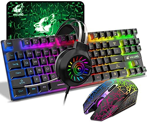 Wireless Gaming Keyboard Mouse and Wired Headphone with Ergonomic 87 Key Rainbow Backlight Rechargeable 3800mAh Battery Mechanical Feel Anti-ghosting Mouse pad for PC Laptop Gamer Typist(Black RGB)