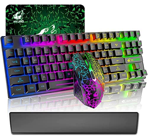 Wireless Gaming Keyboard Mouse and Wrist Rest Set with 87 Key Rainbow Backlight Rechargeable 3800mAh Battery Mechanical Feel Anti-ghosting Ergonomic Waterproof Mute Mice for PC Mac Gamer (Black Mix)