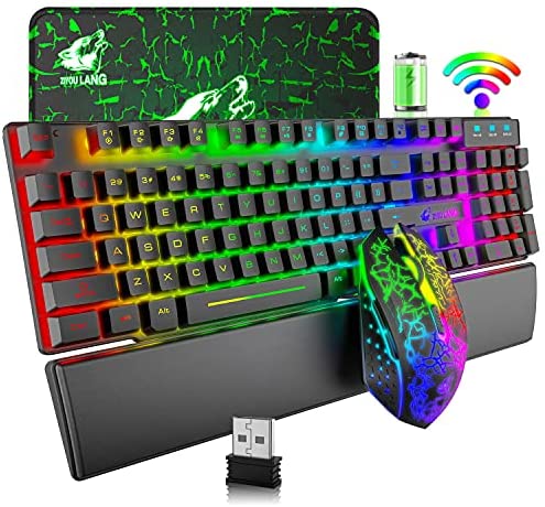 Wireless Gaming Keyboard and Mouse Combo Rainbow LED Backlight Rechargeable 4000mAh Battery Mechanical Feel Anti-ghosting with Ergonomic Wrist Rest RGB Mute Mice for PC Gamer Office