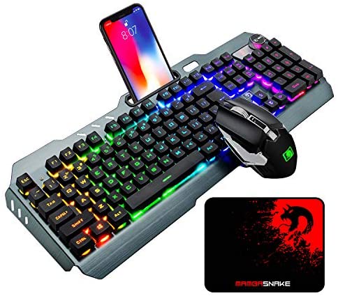 Wireless Gaming Keyboard and Mouse Combo, Rechargeable 16 Kinds RGB Backlit Mechanical Feel Keyboard and 7 Color Gaming Mute Mouse with 5000mAh Battery Metal Panel, for Windows Computer Gamers