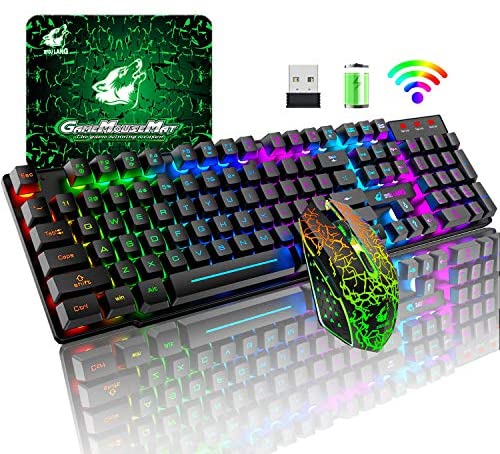 Wireless Gaming Keyboard and Mouse Combo with Rainbow LED Backlit Rechargeable 4000mAh Battery Mechanical Ergonomic Feel Waterproof Dustproof 7 Color Backlit Mute Mice for Computer Mac Gamer