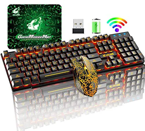 Wireless Gaming Keyboard and Mouse Combo with Yellow LED Backlit Rechargeable 4000mAh Battery Mechanical Ergonomic Feel Waterproof Dustproof 7 Color Backlit Mute Mice for Computer Mac Gamer
