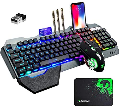 Wireless Gaming Keyboard and Mouse with Rainbow LED 16RGB Backlit Rechargeable 4800mAh Battery Metal Panel Mechanical Ergonomic Feel Waterproof Dustproof 7 Color Mute Mice for Laptop PC Gamer(Black)