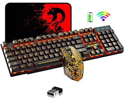 Wireless Gaming Keyboard and Mouse,Rechargeable Orange Backlit Keyboard Mouse with 3800mAh Battery,Mechanical Feel Gaming Keyboard,7 Color Gaming Mute Mouse,Gaming Mouse Pad for PC Gamer