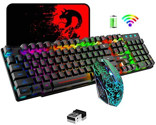 Wireless Gaming Keyboard and Mouse,Rechargeable Rainbow Backlit Keyboard Mouse with 3800mAh Battery,Mechanical Feel Gaming Keyboard,7 Color Gaming Mute Mouse,Gaming Mouse Pad for PC Gamers(Black)