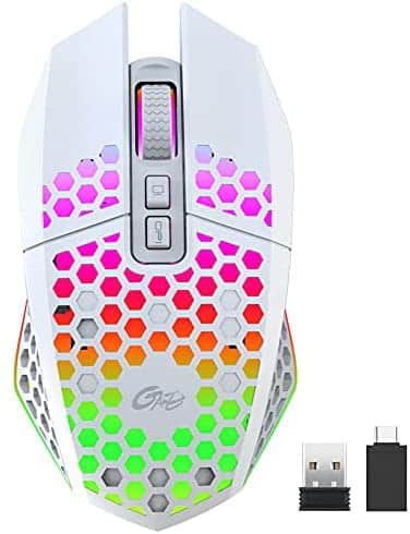 Wireless Gaming Mouse, Lightweight Honeycomb Design Rechargeable Silent Wireless Gaming Mouse with RGB Backlit, USB Receiver, Type C Adapter, Ergonomic Grips, One-Click Desktop (Honeycomb-White)