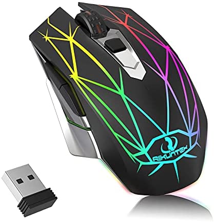 Wireless Gaming Mouse, RIIKUNTEK Computer Mouse Rechargeable with 3 Adjustable DPI, Silent Click, USB Receiver, LED Lights, 2.4GHz Portable Ergonomic RGB Optical Gamer Mice Mouse for Laptop PC Black