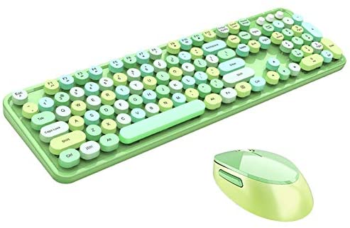 Wireless Green Keyboard Mouse Combo,2.4G USB Ergonomic 104-Key Full Sized Keyboard and Cute Optical Mouse Set Home Office Gaming for Laptop,PC and Mac(Green/Punk Keycap)