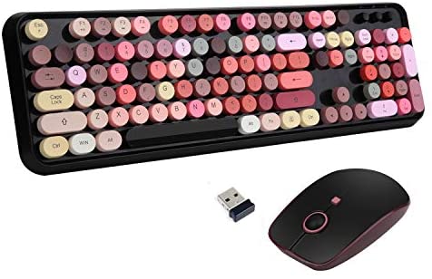 Wireless Keyboard Mouse Combo, 2.4GHz USB Wireless Typewriter Keyboard with 108 Colorful Round Key, Letton Full Size Office Computer Retro Keyboard and Wireless Cute Mouse with 3 DPI for Mac PC-Black