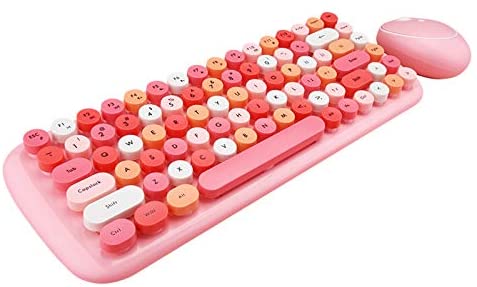 Wireless Keyboard Mouse,Onlywe Mini 2.4G Wireless Round Punk Cute Candy Colors Keyboard and Optical Mouse Set Home Office Use Compatible with Notebook,Desktop,Mac,Win XP/7/8/10 (Pink Keyboard Mouse)