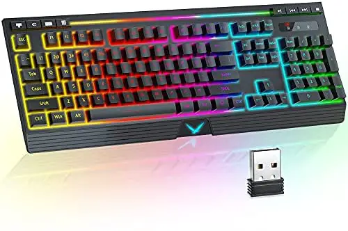 Wireless Keyboard RGB Backlit Mechanical Feel, TopMate Rechargeable LED Light Up Wireless Gaming Keyboard with Multimedia Keys, 2.4G Wrist Rest Gamers Keyboard Water Spill Proof, for PC/Laptop/Windows