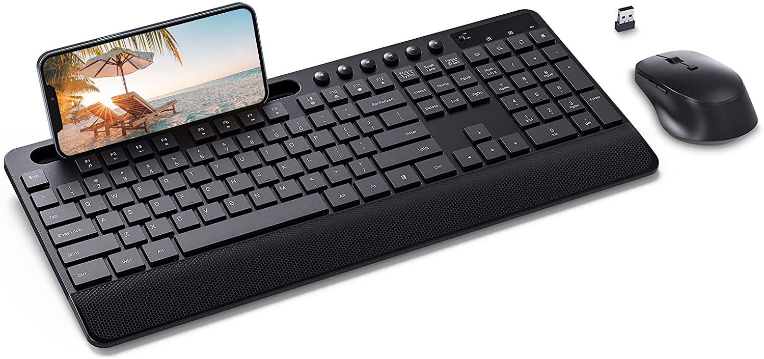 Wireless Keyboard and Mouse Combo, Full-Size Keyboard and Silent Mouse, Wireless Keyboard with Palm Rest & Phone Holder, Double Independent On/Off Switch, Long Battery Life, Black