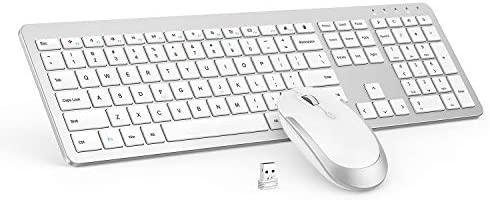 Wireless Keyboard and Mouse Combo – Full Size Slim Thin Wireless Keyboard Mouse with Numeric Keypad with On/Off Switch on Both Keyboard and Mouse – White & Silver