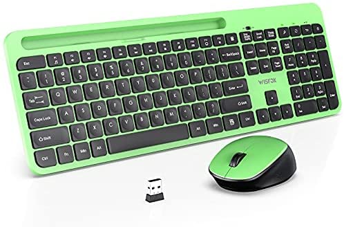 Wireless Keyboard and Mouse Combo, WisFox 2.4G Ergonomic USB Keyboard with Phone Holder, Full-Size Keyboard and Mouse Set for Computer, Laptop and Desktop(Green and Black)