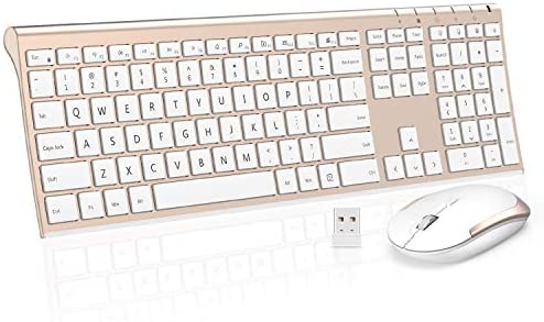 Wireless Keyboard and Mouse Combo,2.4GHz Ultra-Slim Aluminum Rechargeable Keyboard with Whisper-Quiet Mouse for Windows, Laptop, PC, Desktop – Black (White and Gold)