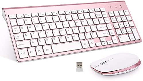 Wireless Keyboard and Mouse, FENIFOX Full-Size Whisper-Quiet Compact Compatible with Mac PC Laptop Tablet Notebook Windows – Rose Gold Pink