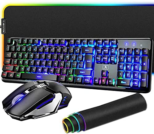 Wireless Keyboard and Mouse Mousepad, 3 in 1 Rainbow LED Backlit Rechargeable Mechanical Feelling Backlit Gaming Keyboard Mice Combo with 4800 mAh Battery, 10 Color RGB Mouse Pad for Laptop Pc Mac