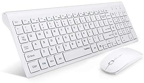 Wireless Keyboard and Mouse Ultra Slim Combo, TopMate 2.4G Silent Compact USB Mouse and Scissor Switch Keyboard Set with Cover, 2 AA and 2 AAA Batteries, for PC/Laptop/Windows/Mac – White