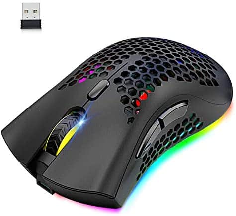 Wireless Lightweight Gaming Mouse Honeycomb with 7 Button Multi RGB Backlit Perforated Ergonomic Shell Optical Sensor Adjustable DPI Rechargeable 800 mAh Battery USB Receiver for PC Mac Gamer(Black)