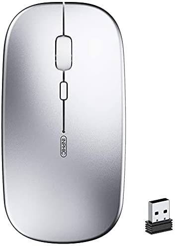 Wireless Mouse,Rechargeale & Noiseless, Inphic Ultra Slim USB 2.4G PC Computer Laptop Cordless Mice with USB Nano Receiver, 1600 DPI Travel Mouse for Office Windows Mac Linux MacBook, Silver