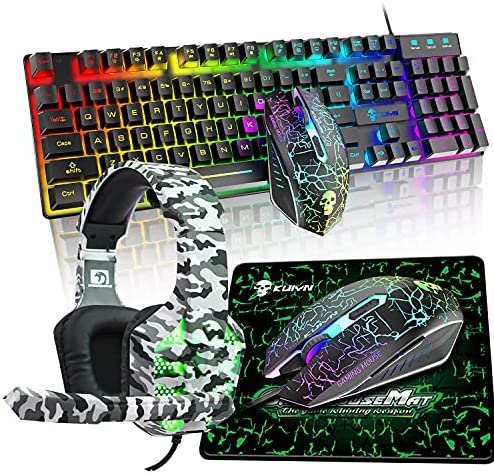 XINMENG 4-in-1 Gaming Keybaord Mouse Headset Combo,RGB Rainbow LED Backlight Gamer Keyboard and Crack Game Mouse Illuminate 3.5mm Stereo Camouflage Headphone for Laptop Computer PC Games