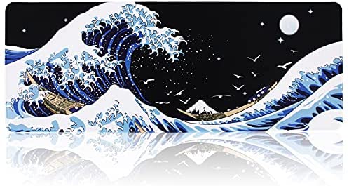 XXL Large Gaming Laptop Mouse Pad, Black Desk Pads PC Keyboard Table Mat Waterproof and Non-Slip Rubber Underside 30.29 x 11.8inches 3mm,Kanagawa Surfing