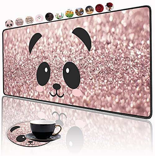 XXL Large Gaming Mouse Pad , Ergonomic Larger Extended Gaming Mouse Pad Non-Slip Rubber Base for Work Gaming Office Home Computer + Cup Coaster , Panda Face Rose Gold and Silver Glitter