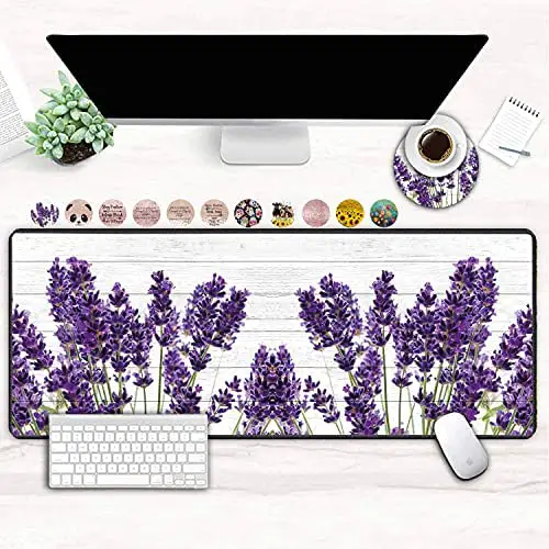 XXL Large Gaming Mouse Pad , Extended Ergonomic for Computers Thick Keyboard Mouse Mat Non-Slip Rubber Base Mousepad with Cup Coaster，Retro Style Purple Lavender Flowers on Vintage Wood Background