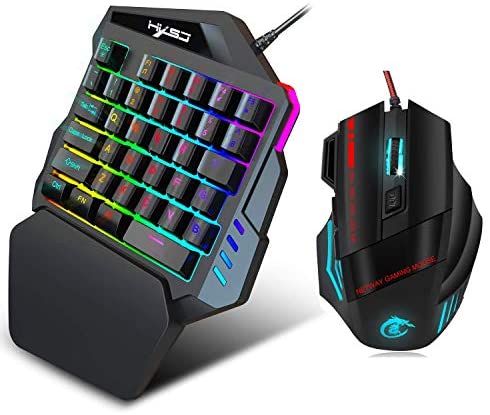 YOUPECK RGB One Hand Mechanical Gaming Keyboard and Backlit Mouse Combo,USB Wired Rainbow Letters Glow Single Hand Mechanical Keyboard with Wrist Rest Support, Gaming Keyboard Set for Game
