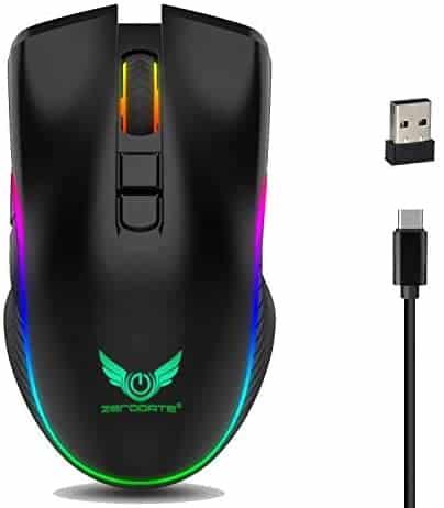 YOUPECK Wireless Gaming Mouse with Unique Silent Click, Type-C Cable Breathing Backlit, 2 Programmable Side Buttons, 2400 DPI, Ergonomic Grips, 7-Button Design- Black