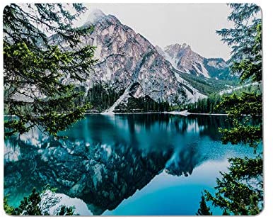 Yeuss Natural Scenery Rectangular Non-Slip Mousepad Mountain Peaks Reflecting in Blue Waters of Alpine Lake with Green Pine Trees on Sunny Day. Gaming Mouse pad 200mm x 240mm