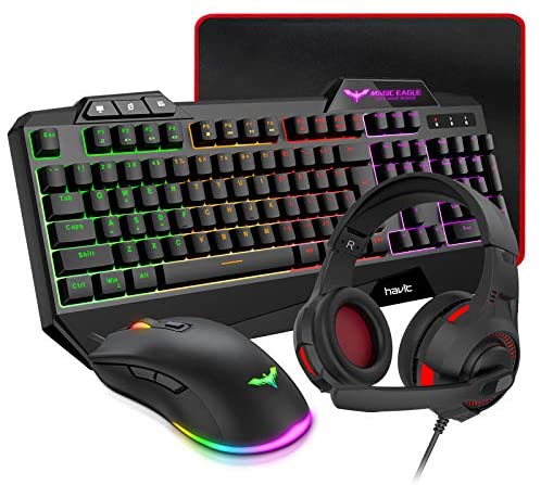 havit Gaming Keyboard Mouse Headset & Mouse Pad Kit, Rainbow LED Backlit Wired, Over Ear Headphone with Mic for PC, Computer, Xbox ONE & PS4, Tablet, Mobile Phones