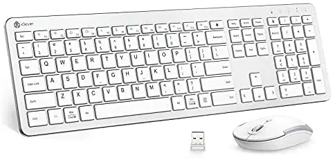 iClever GK08 Wireless Keyboard and Mouse – Rechargeable Wireless Keyboard Ergonomic Full Size Design with Number Pad, 2.4G Stable Connection Slim White Keyboard and Mouse for Windows, Mac OS Computer