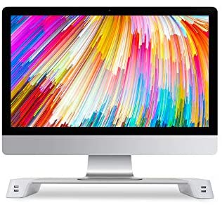 iHome Computer Monitor Stand with 4 Port USB Hub: – Laptop, Computer Screen, or Small TV Shelf for Office Desk Organization – Single Desktop Riser with Built-In USB Ports