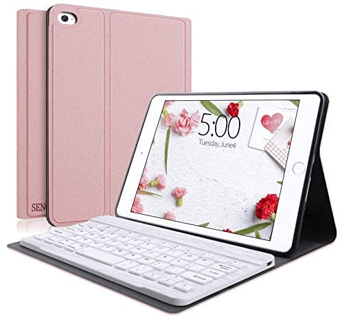 iPad Mini Case with Keyboard, SENGBIRCH Smart Keyboard Compatible with iPad Mini 5 (5th 2019) – iPad Mini 4 – Mini 3 – Mini 2 & 1 – Removable Wireless Connect Keyboard, Soft Rubber PU Case Rose Gold